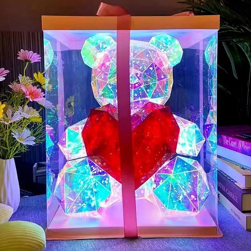 Women's Day Gifts Gorgeous Shining LED Teddy Bear Holding a Pink Heart, Forever Gifts for Anniversary and Birthday 10 inch Mood Lighting Galaxy Lamp - w/Clear Gift Box Mother's Day Gifts for MoM