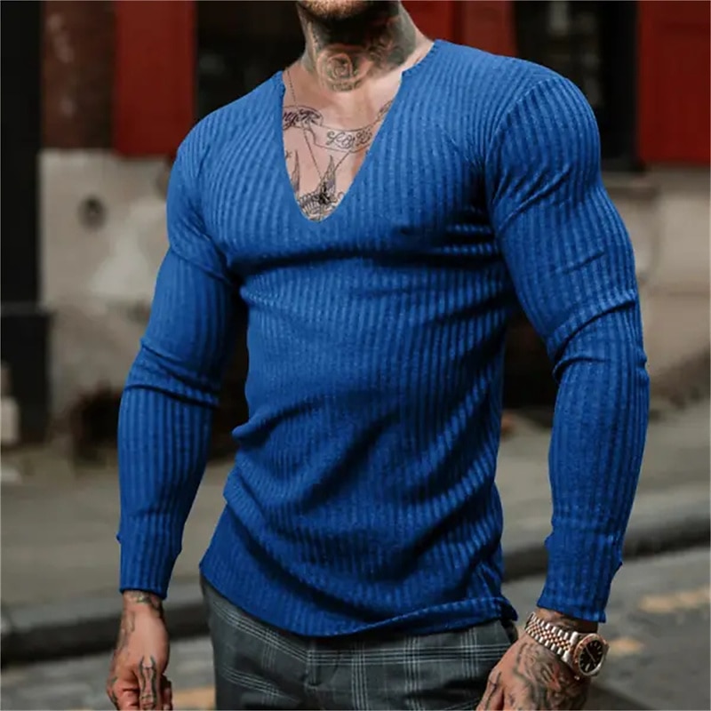 Men's T Shirt Knit Tee Tee Top Long Sleeve Shirt Long Sleeve V Neck Spring &  Fall Plain Pit Strip Fashion Designer Basic Vacation Street Going out Wine Black Blue Top Tee for Men2