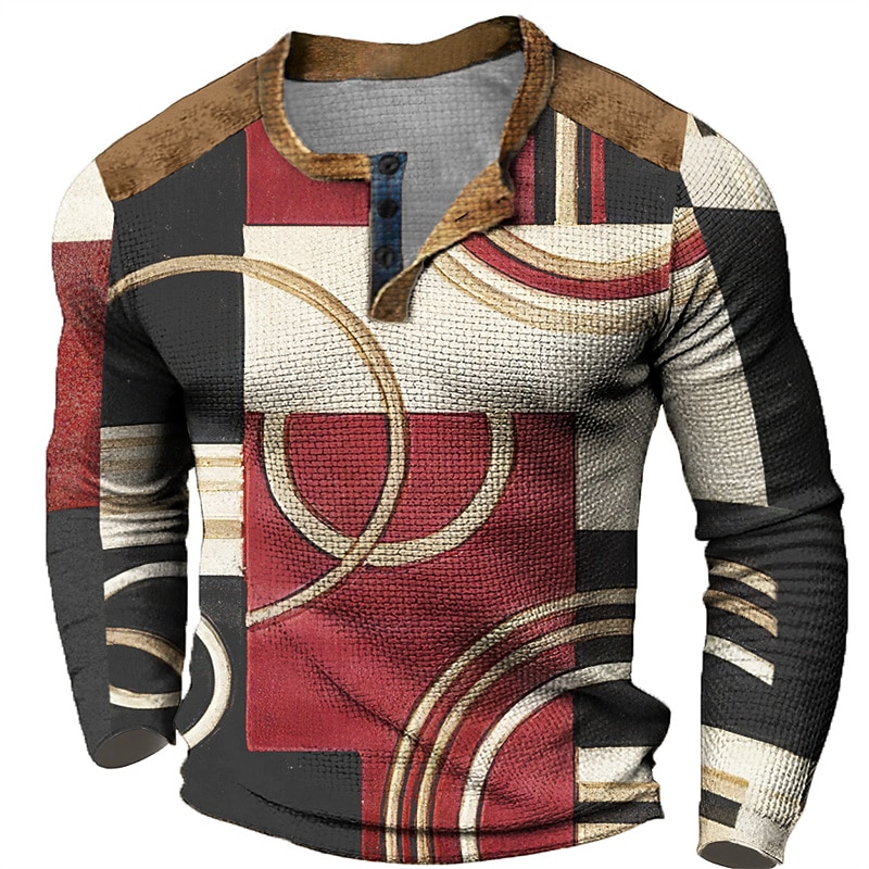 Men's Graphic Color Block Geometic Henley Shirt Waffle T Shirt Long Sleeve 3D Print Fashion Designer Casual Sports Outdoor Holiday Festival Spring &  Fall Blue Red Purple Orange Gray Henley Henley