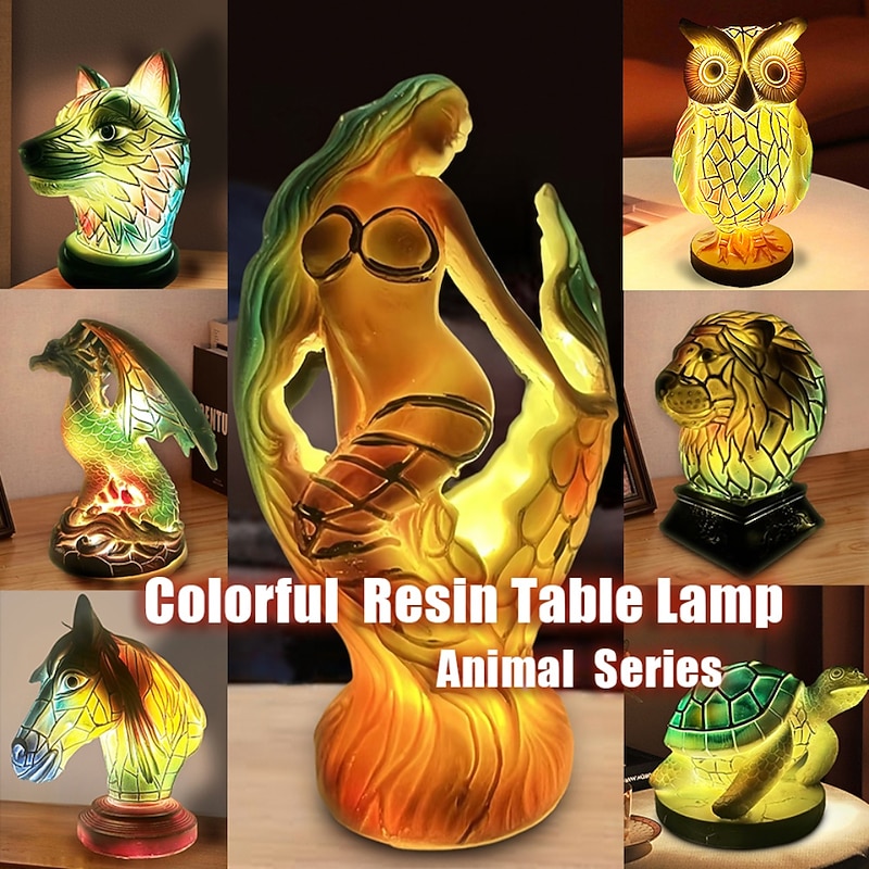 Resin Table Lamp Animal Series Simulated Stained Glass Night Light Retro Desk Lamps for Bedroom Bedside Lamp Animal Lovers Home Decor 10*15CM/3.93*5.9INCH - Main Image