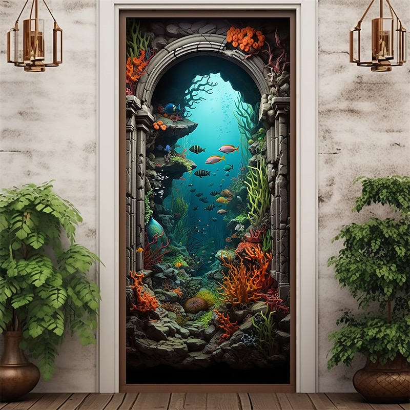 Undersea Cave Door Covers Mural Decor Door Tapestry Door Curtain Decoration Backdrop Door Banner Removable for Front Door Indoor Outdoor Home Room Decoration Farmhouse Decor Supplies