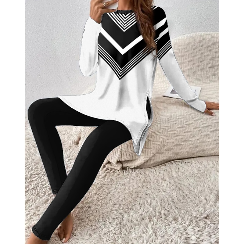 Women's Pajama Set Loungewear Round Neck Long Sleeve Casual Sports Daily Pants Sets Pants Trousers Striped Print Outdoor White Pink Blue Spring & Fall Regular Fit