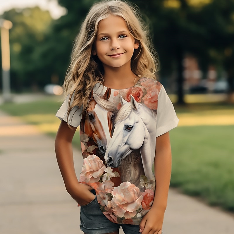 Girls' 3D Horse Tee Shirts Short Sleeve 3D Print Summer Active Fashion Cute Kids 3-12 Years Crew Neck Outdoor Casual Daily Regular Fit3