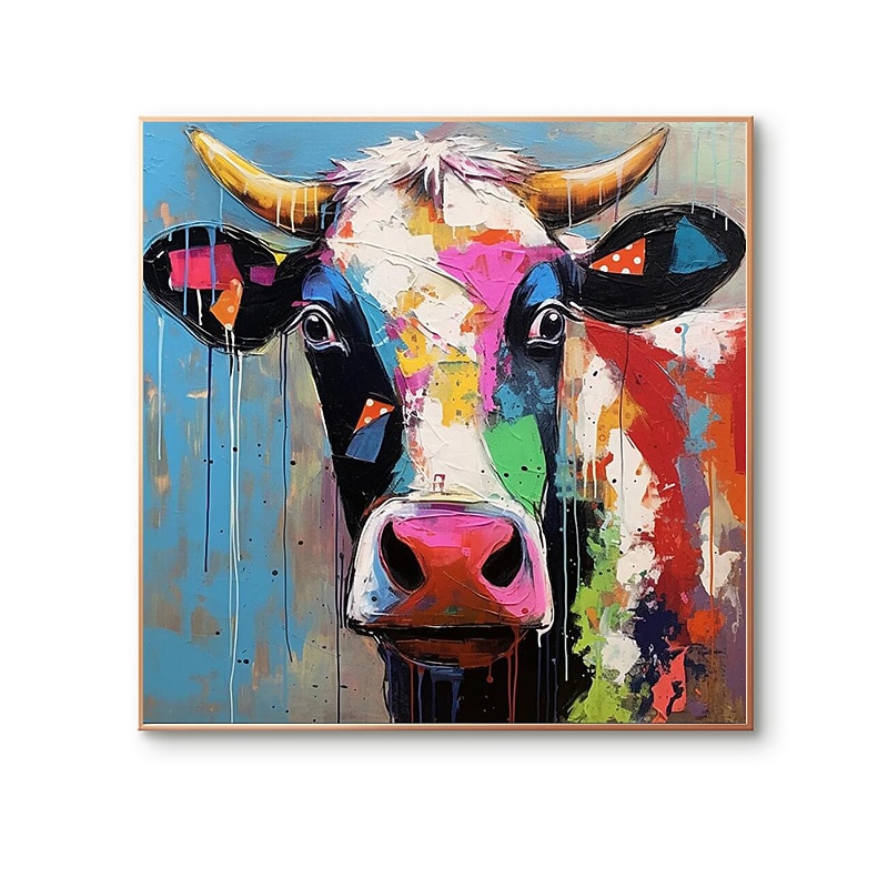 Hand-painted Colorful Cow Painting on Canvas Palette Knife Heavy Textured Painting Square Wall POP Art Farmhouse Cattle Artwork Gift No Frame