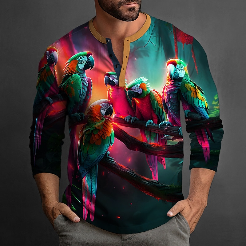 Men's Graphic Parrot Henley Shirt Long Sleeve 3D Print Fashion Daily Casual Casual Holiday Going out Spring &  Fall Red Blue Dark Green Green Dark Blue Henley Henley T-Shirt2