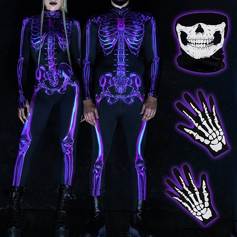 Skull Skeleton Cosplay Costume Gloves Mask Men's Women's Movie Cosplay Scary Costume Black Purple Green Leotard / Onesie Halloween Carnival Masquerade Polyester2
