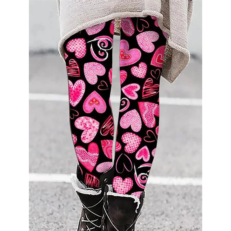 Women's Leggings Active Fashion Ankle-Length High Waist Heart Print High Cut Outdoor Comfortable Breathable Stretchy Vacation Valentine's Day Wine Black White Pink Spring Regular Fit4