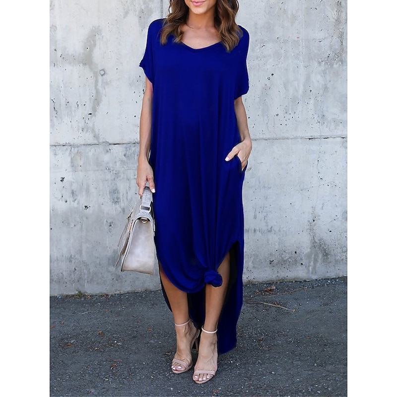 Women's Casual Dress Long Dress Maxi Dress Cotton Pocket Split Date Maxi Basic V Neck Short Sleeve Black White Pink Color 7