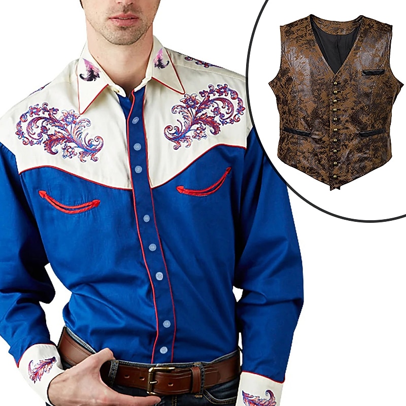 Set with West Cowboy Shirt PU Waistcoat Vest Men's 2 PCS Outfits Long Sleeve Casual Button Down Shirt Retro Vintage Party Carnival Cosplay Costume