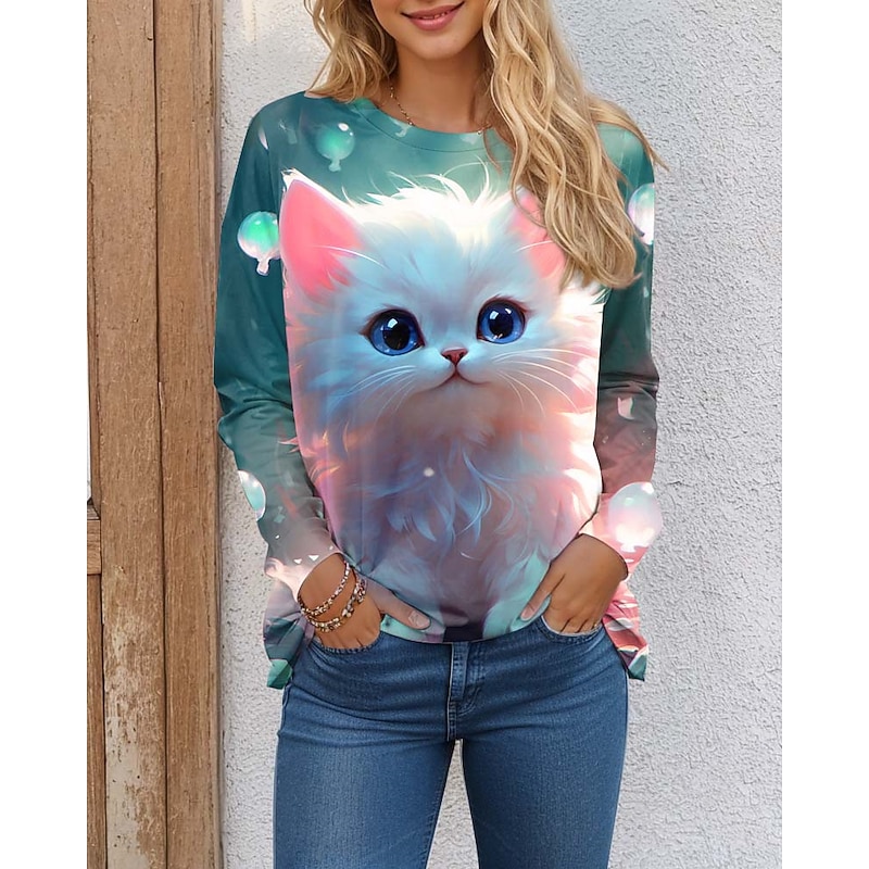 Women's T shirt Crew Neck Long Sleeve Tunic Cat 3D Funny Round Neck Regular Tops Daily Weekend Print Light Green Navy Blue Blue Green Spring & Fall4