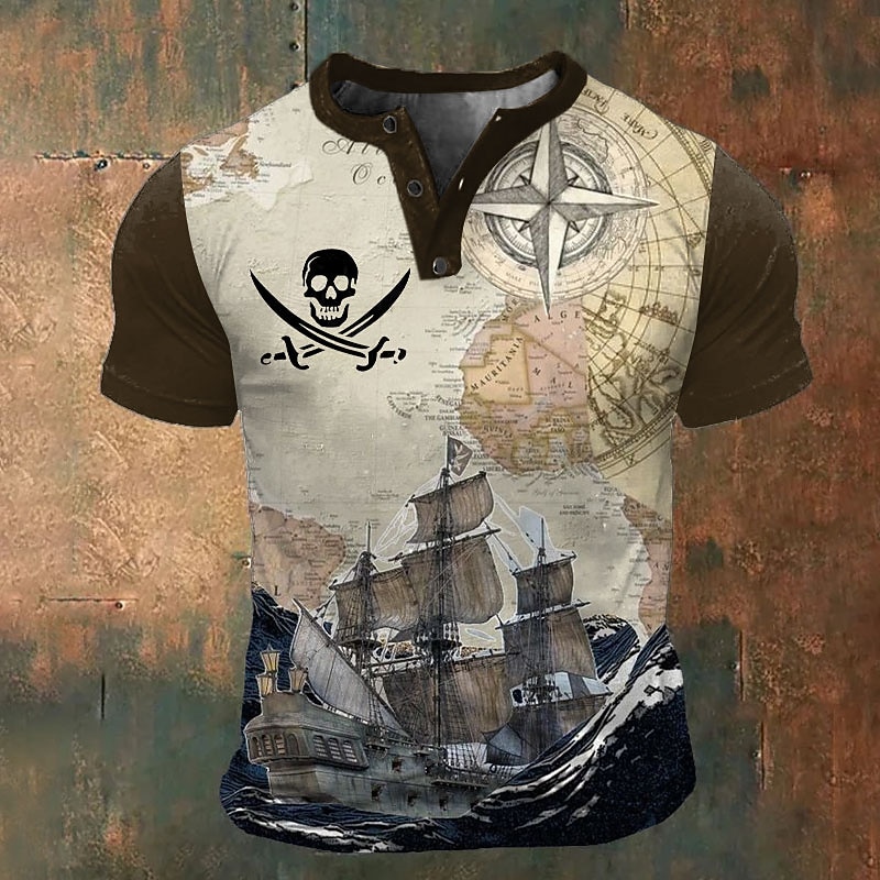 Men's Graphic Ship T shirt Henley Shirt Short Sleeve 3D Print Fashion Retro Vintage Classic Sports Outdoor Holiday Going out Spring & Summer Black Brown Dark Blue Gray Henley Henley T-Shirt3