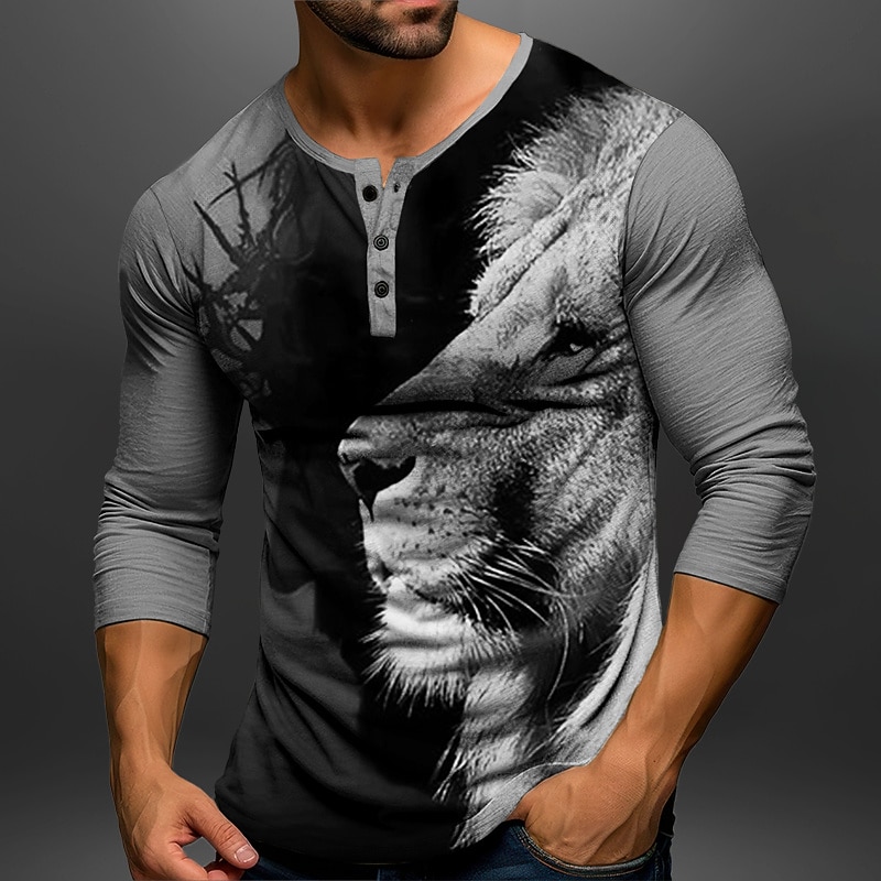 Men's Graphic Animal Lion Henley Shirt Long Sleeve 3D Print Fashion Daily Casual Casual Holiday Going out Spring &  Fall Red Brown Khaki Gray Henley Henley T-Shirt4