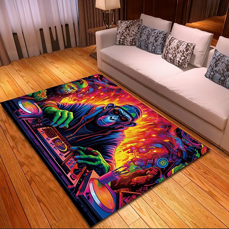 Blacklight Rug UV Reactive Glow in the Dark Area Rug Kitchen Mat Non-Slip Oil Proof Chimpanzees DJ Floor Mat Livingroom Rug Indoor Outdoor Mat Bedroom Decor Bathroom Mat Entrance Rug Door Mat4