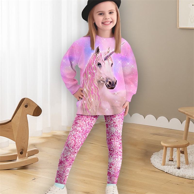 Girls' 3D Unicorn Sweatshirt & Legging Set Pink Long Sleeve 3D Print Spring Fall Active Fashion Daily Kids 3-12 Years Crew Neck Outdoor Vacation Date Regular Fit2