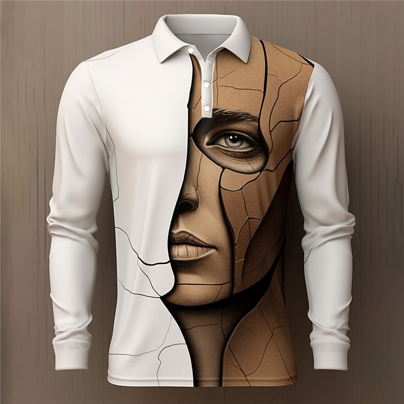 Men's Graphic Polo Shirts Golf Shirt Long Sleeve Polo Shirts Collared Shirts Casual Vacation Wear Rave Wear Party Outfits 3D Print Buttons Fall & Winter Blue Brown Khaki