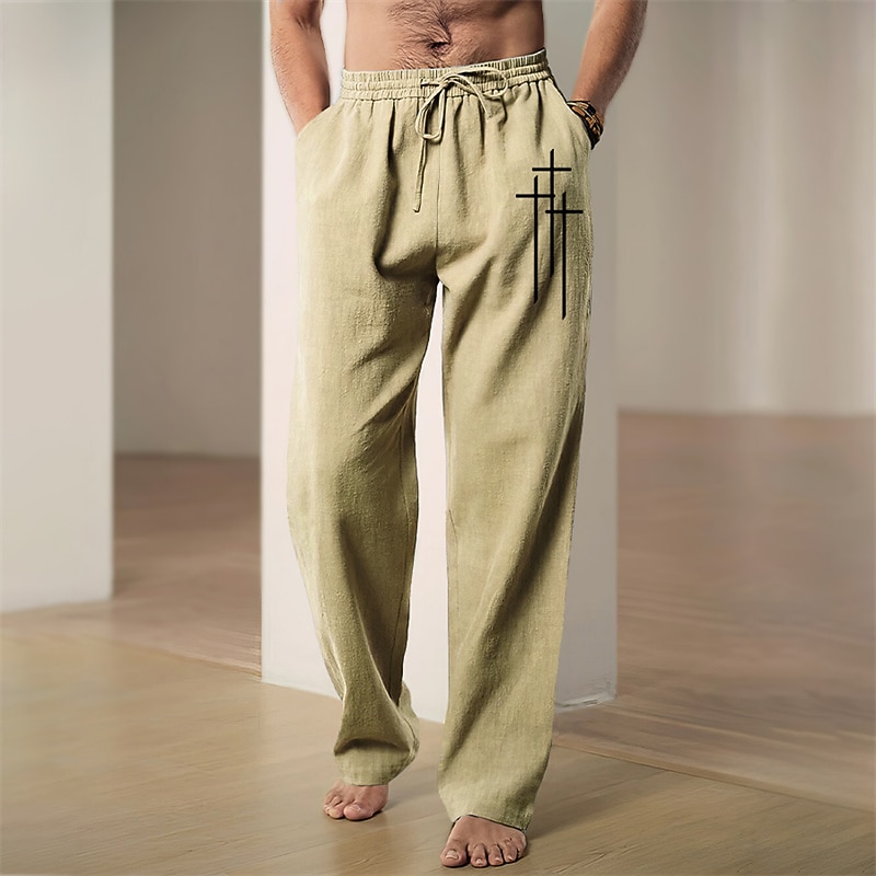 Men's Graphic Cross Faith Pants Trousers Mid Waist Casual Daily Wear Vacation Going out Spring Fall Black Blue Green3
