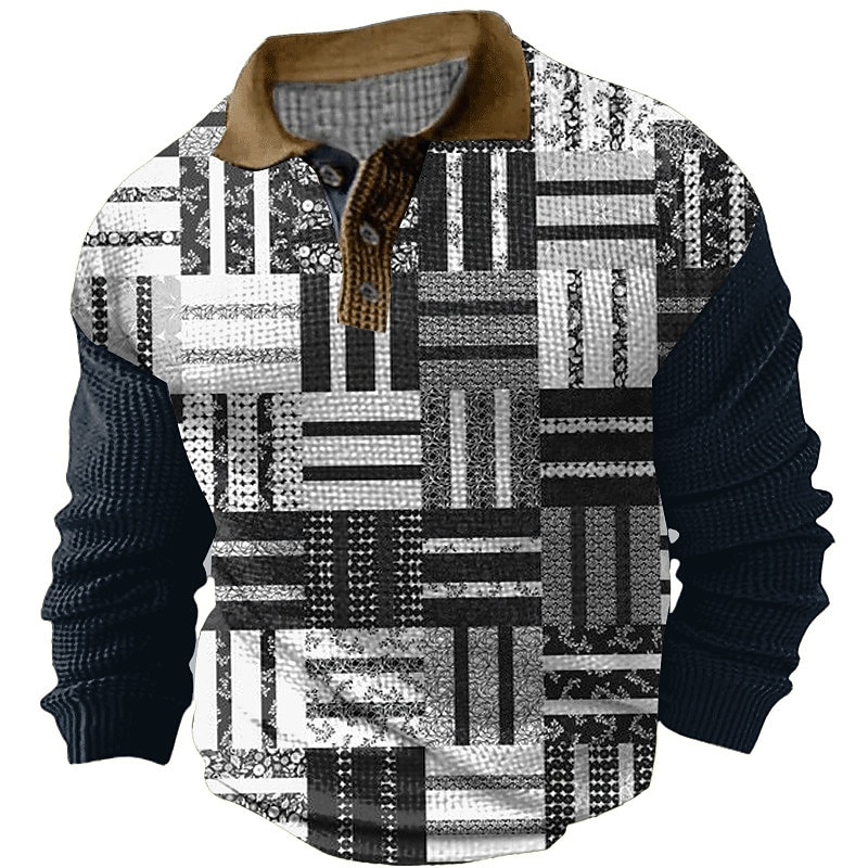 Men's Plaid Waffle Polo Shirts Golf Shirt Long Sleeve Polo Shirts Collared Shirts Vintage Casual Vacation Wear Formal Wear Festival Wear Buttons 3D Print Spring Black Navy Blue Brown4