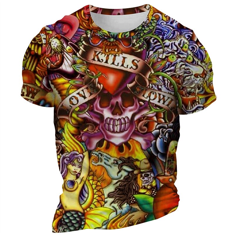 Men's LOVE Graphic Skeleton T Shirt Short Sleeve T shirt 3D Print Crew Neck Shirt Daily Designer Retro Vintage Carnival Sports Outdoor Holiday Yellow Blue Purple Spring & Summer Clothing Apparel S M