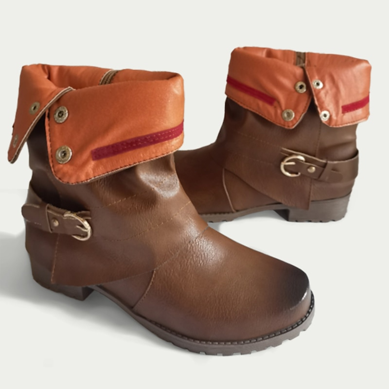 Men's Brown and Orange Fold-Over Ankle Boots with Buckle Strap, Stylish Casual Footwear for Fall and Winter4