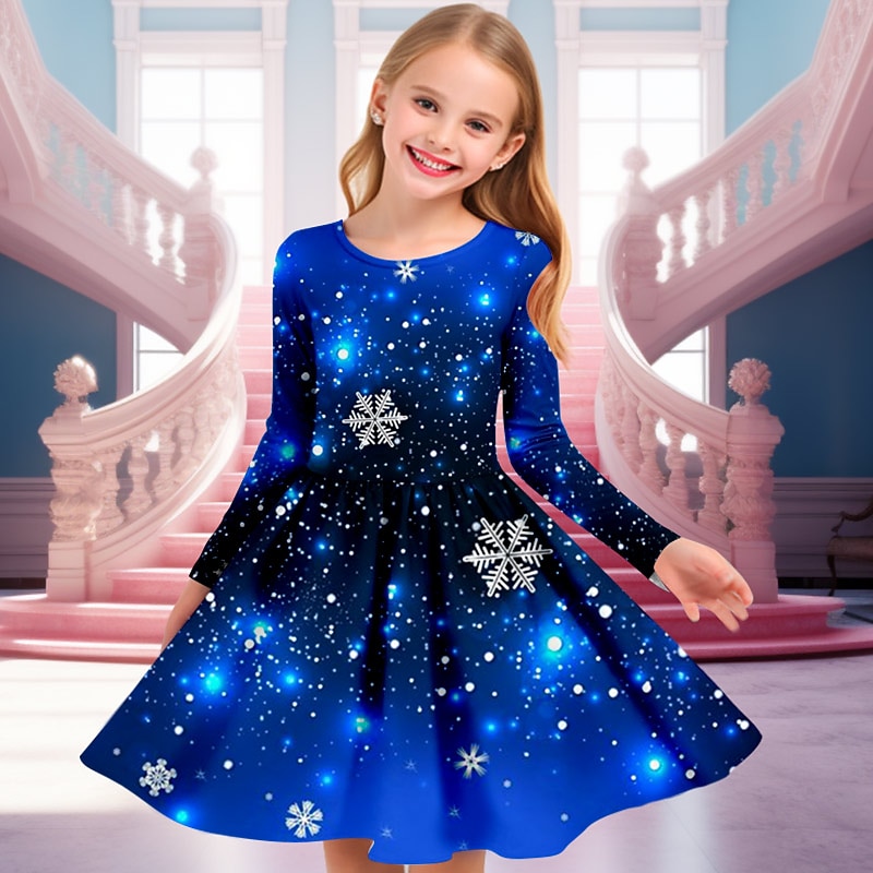 Girls' 3D Snowflake Dress Snowflake Dress Long Sleeve 3D Print Fall Winter Vacation Sports & Outdoor Daily Cute Casual Beautiful Kids 4-12 Years Casual Dress A Line Dress Above Knee Regular Fit2