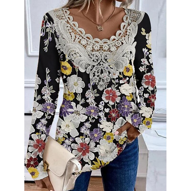 Women's Blouse Tunic Lace Splicing V Neck Long Sleeve Floral Lace Print Regular Tops Casual Holiday Black White Yellow Pink Red Spring & Fall Prefall2