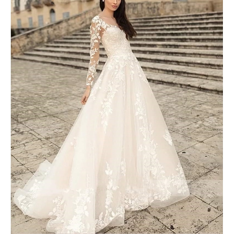 Beach Wedding Beach Formal Wedding Dresses A-Line V Neck Long Sleeve Sweep / Brush Train Lace Bridal Gowns With Flower Solid Color3