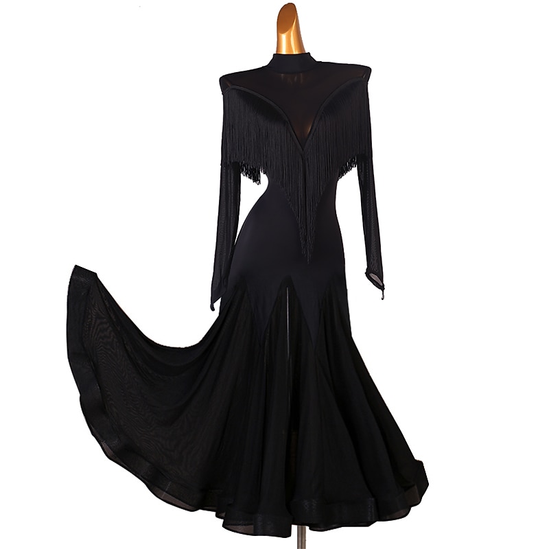 Ballroom Dance Dress Tassel Women's Performance Training Long Sleeve High Chiffon Chinlon Tulle