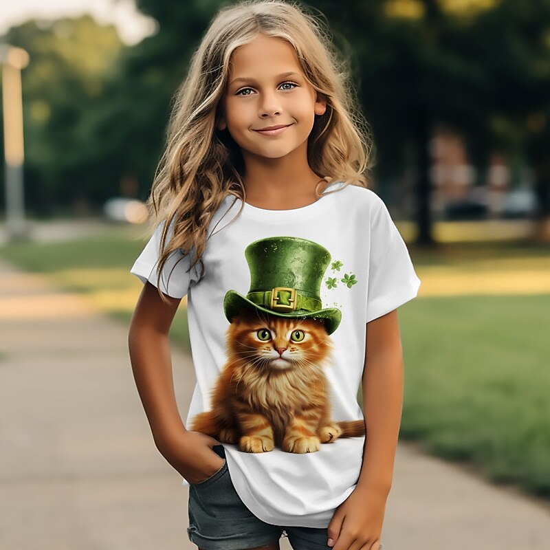 St. Patrick Girls' 3D Cat Tee Shirt Short Sleeve 3D Print Summer Active Fashion Cute Polyester Kids 3-12 Years Crew Neck Outdoor Casual Daily Regular Fit2