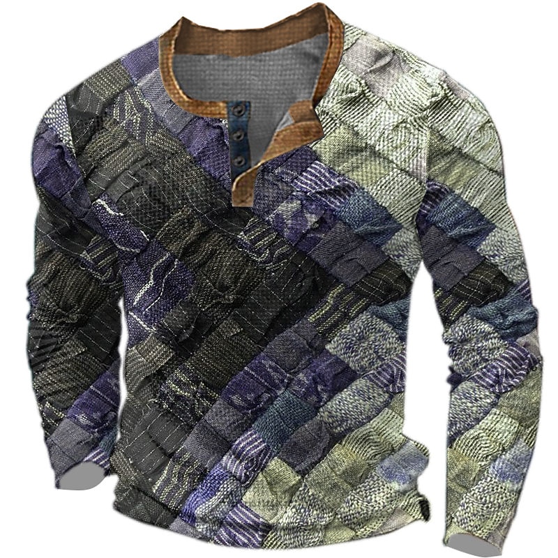 Men's Graphic Patchwork Henley Shirt Waffle T Shirt Long Sleeve 3D Print Fashion Designer Casual Sports Outdoor Holiday Festival Spring &  Fall Blue Brown Green Gray Henley Henley T-Shirt3