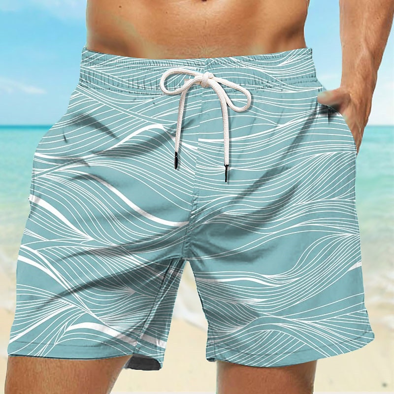 Men's Lines / Waves Geometric Pattern Swim Trunks Swim Shorts Board Shorts Mid Waist Hawaiian Casual Holiday Beach with Mesh lining Elastic Waist 3D Print Designer Clothing Apparel
