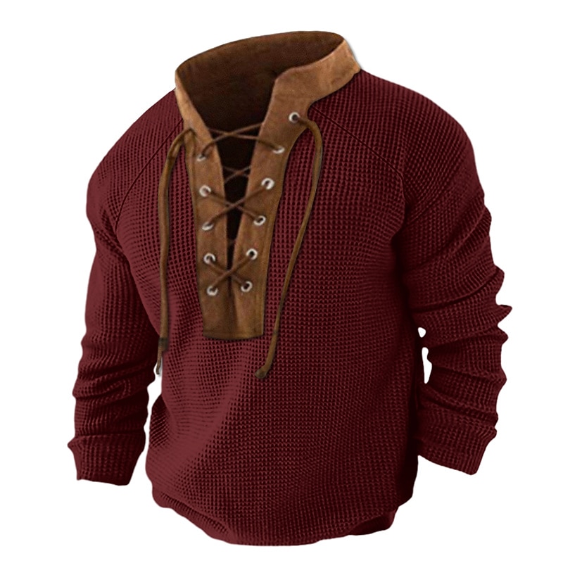 Men's T Shirt Waffle Knit Tee Tee Top Long Sleeve Shirt Long Sleeve Standing Collar Spring &  Fall Color Block Fashion Designer Basic Patchwork Drawstring Vacation Street Going out Red Navy Blue khaki2