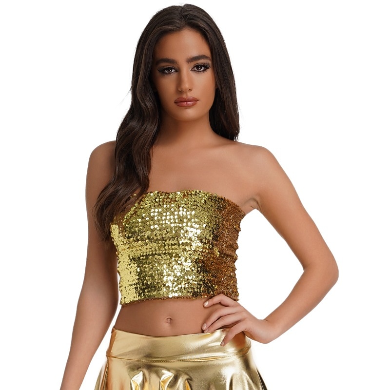 Retro Vintage 1980s Shiny Metallic Tube Top Disco Sequins Solid Color Fancy Dress Women's Carnival Costume Carnival Performance Prom Club Adults' Top2