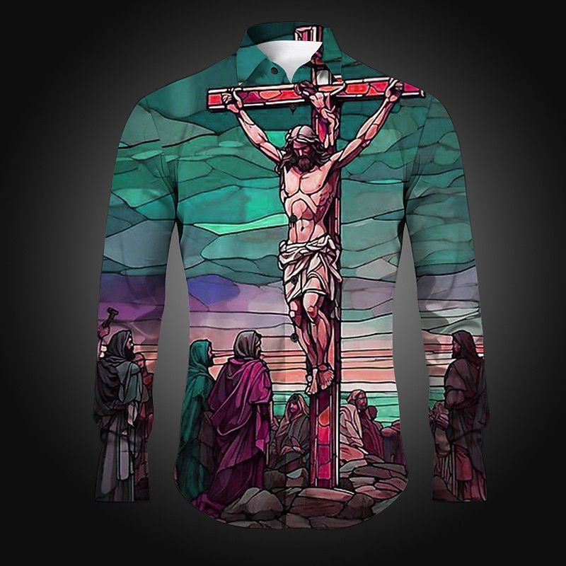 Men's Jesus Shirt Button Up Shirt Long Sleeve Vintage Artistic Daily Wear Going out Spring Turndown Print Button-Down Burgundy Navy Blue Blue Dark Green Green4