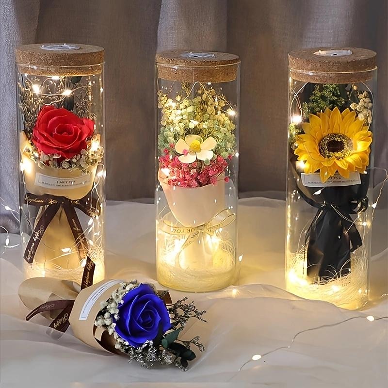 LED Lights, Dry Flowers, Valentine's Day Gifts, Birthday Gifts, Glass Covers, Eternal Flowers, Rose Bouquets, Perfect Gifts for Mother's Day and Thanksgiving Holidays