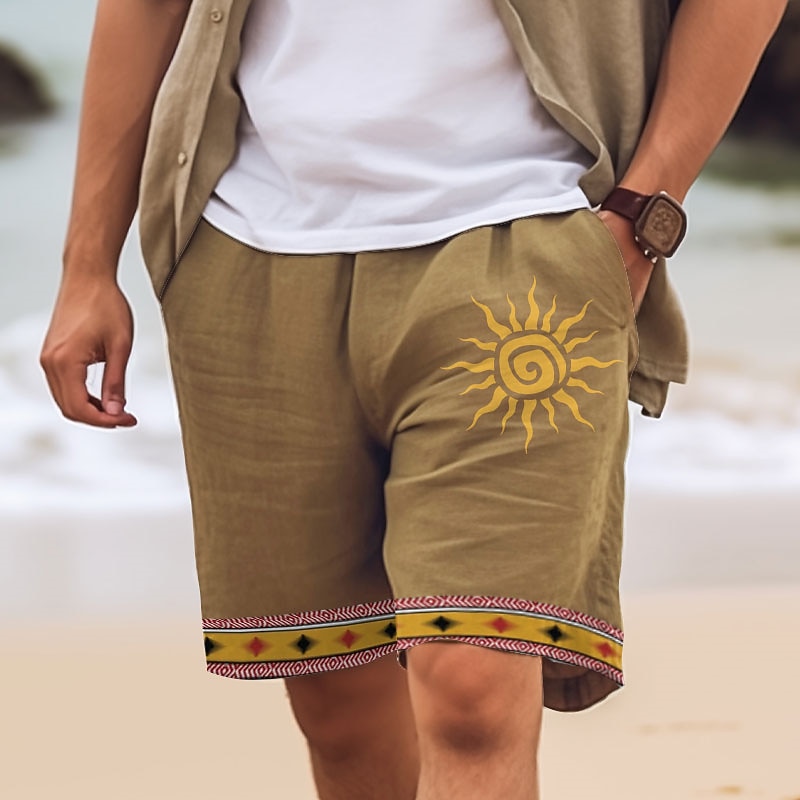 Men's Cotton Linen Shorts Summer Shorts Beach Shorts Print Drawstring Elastic Waist Sun Comfort Breathable Short Outdoor Holiday Going out Cotton Blend Ethnic Style Casual White Pink