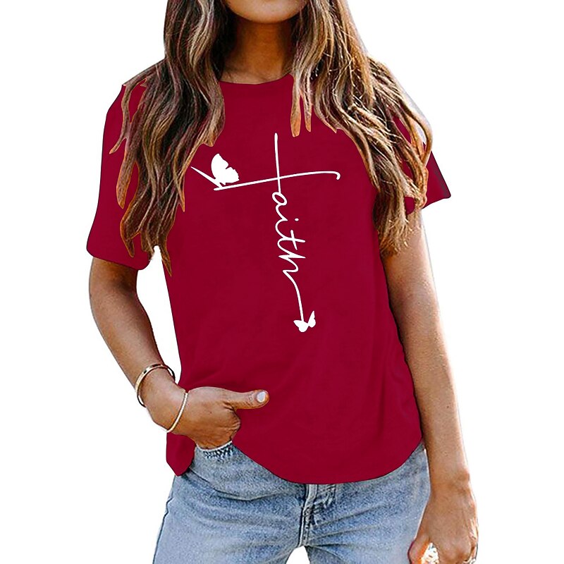 Women's T Shirt Butterfly Letter Faith Basic Short Sleeve Round Neck Regular Tops Daily Navy blue (white font) Black (white font) Dark green (white font) dark grey (white font) Burgundy (white font)3
