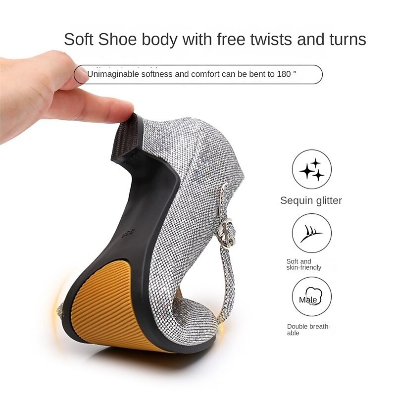 Women's Glitter Ballroom Dance Shoes – Silver Sparkly Mary Jane Heels with Adjustable Strap for Latin Tango Performance4