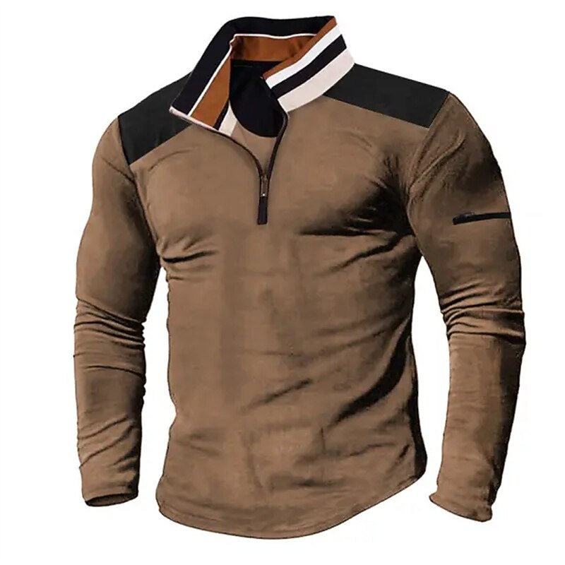 Men's T Shirt Quarter Zip Tee Tee Top Long Sleeve Shirt Long Sleeve Quarter Zip Spring &  Fall Color Block Vintage Basic Patchwork Vacation Street Going out Brown Top Tee for Men