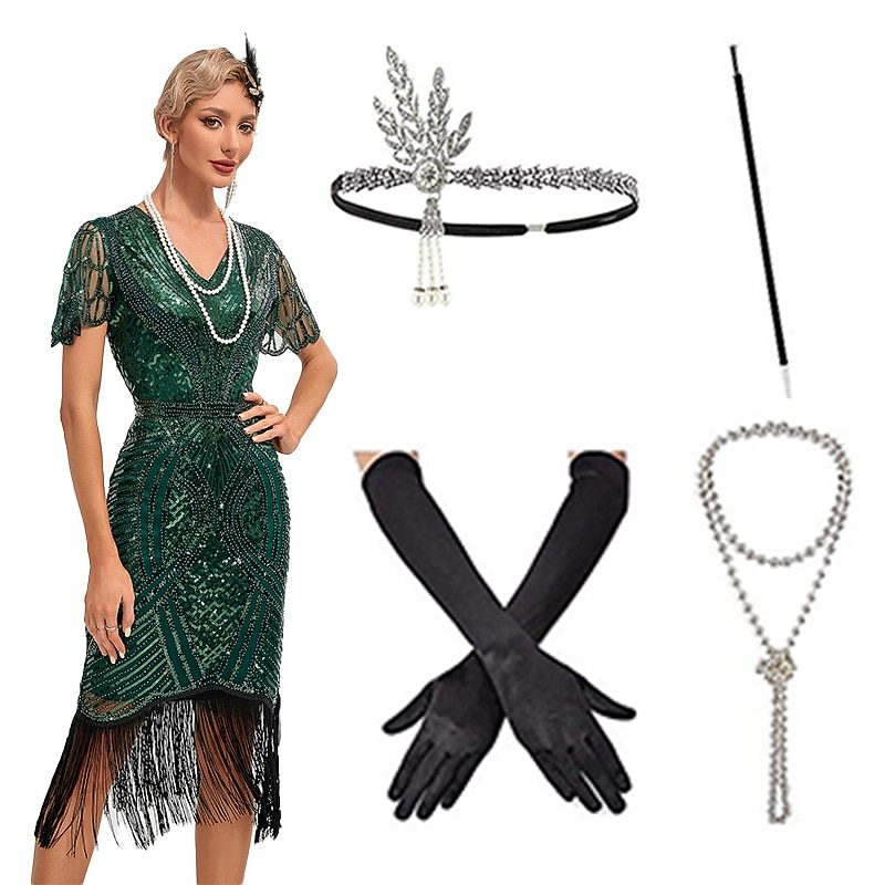 Set with Flapper Dress Headband Faux Pearl Necklace Long Opera Gloves Cigarette Holder 5 PCS Outfits Women's Roaring 20s 1920s Cocktail Dress The Great Gatsby Flapper Girl Masquerade Cosplay Costumes3