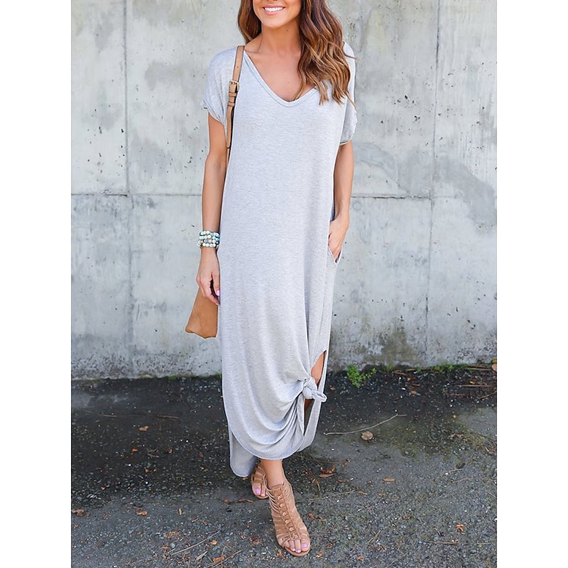 Women's Casual Dress Long Dress Maxi Dress Cotton Pocket Split Date Maxi Basic V Neck Short Sleeve Black White Pink Color 10