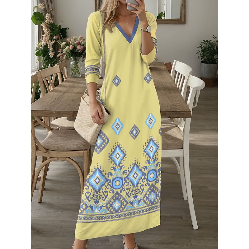Women's Maxi Dress Casual Dress T Shirt Dress Tee Dress Floral Tribal Pocket Print V Neck Long Dress Maxi Dress Vintage Ethnic Date Vacation Long Sleeve Fall Winter4