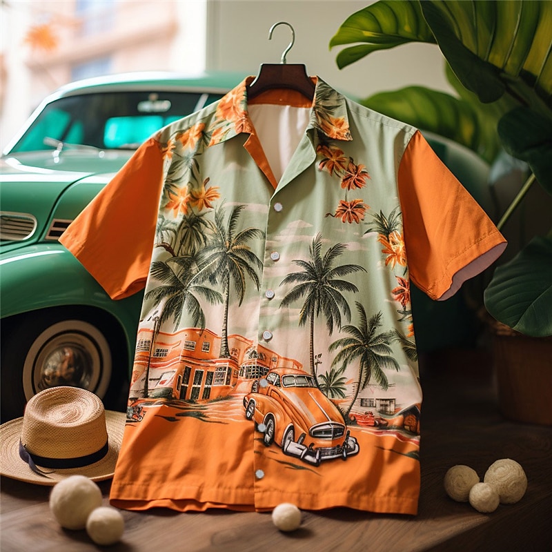 Men's Car Palm Tree Tropical Plants Shirt Summer Hawaiian Shirt Aloha Shirt Short Sleeve Shirt Cuban Collar Fashion Hawaiian Outdoor Vacation Hawaiian Yellow Red Orange S M L