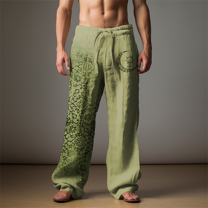 Men's Graphic Moon Linen Pants Pants Trousers Baggy Pants Mid Waist Casual Vacation Daily Wear Going out Spring Fall Black Light Brown Blue4