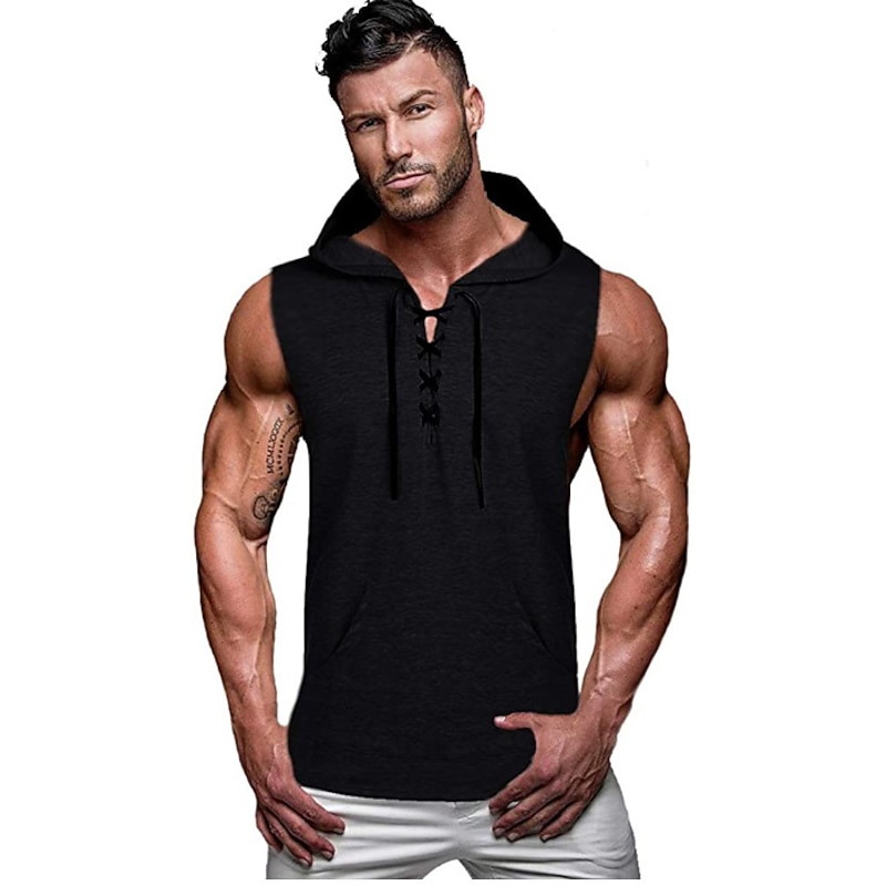 Men's Tank Top Vest Top Undershirt Gym Muscle Tee Sleeveless Hooded Summer Plain Vintage Designer Muscle Drawstring Outdoor Going out Gym Green Gray Top Tee for Men2