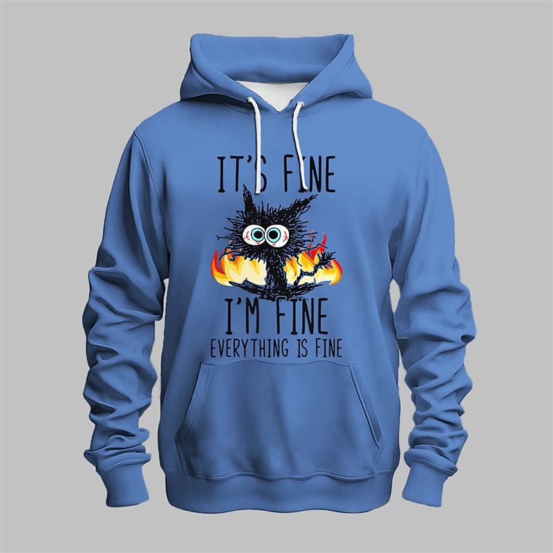 Men's Graphic Cat Flame Hoodie Hoodies Sweatshirt Fashion Daily Long Sleeve Hooded Vacation Sports Outdoor Holiday White Blue Print Front Pocket Spring &  Fall Designer3