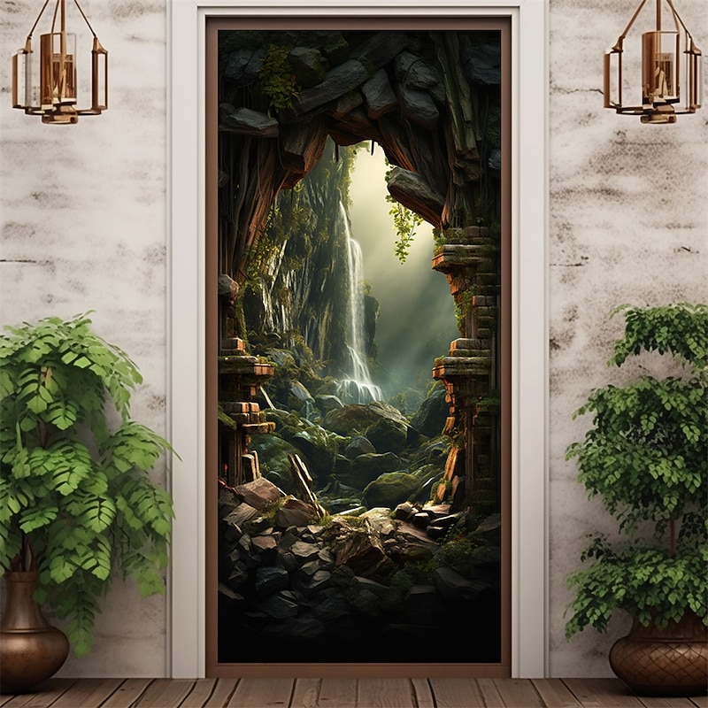 Waterfall Cave Door Covers Mural Decor Door Tapestry Door Curtain Decoration Backdrop Door Banner Removable for Front Door Indoor Outdoor Home Room Decoration Farmhouse Decor Supplies4