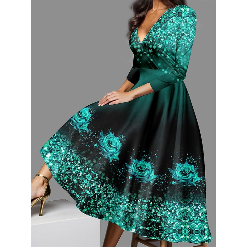 Valentine's Day Women's Midi Dress Casual Dress Winter Dress Swing Dress Semi Formal Dress Streetwear A Line Formal Vacation Party Regular Fit Floral 3/4 Length Sleeve V Neck Yellow Red Blue Purple4