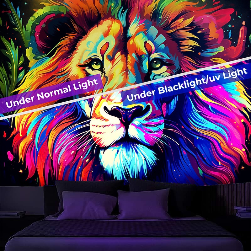Blacklight Tapestry UV Reactive Glow in the Dark Glow Party Neon Lion Animal Psychedelic Trippy Misty Hanging Tapestry Wall Art Mural for Living Room Bedroom3