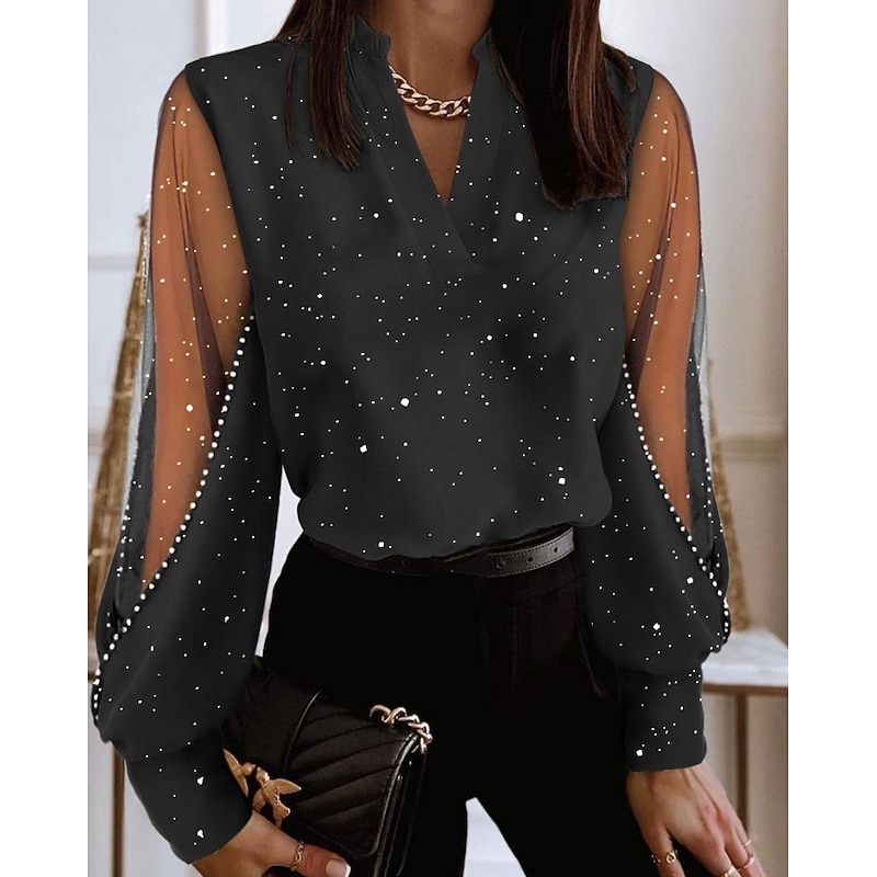 Women's Lace Shirt Blouse Eyelet top White Lace Shirt Elegant Color Block Lace Patchwork Puff Sleeve Long Sleeve V Neck Casual Denim Blue Black White Khaki Fall3