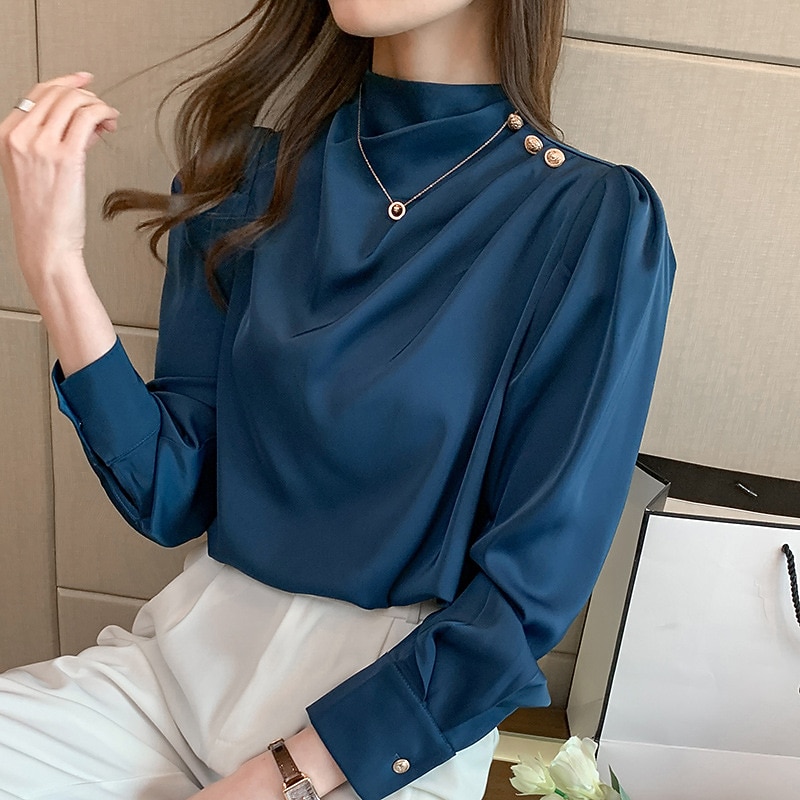 Women's Shirt Elegant Dressy Satin Plain Daily Business Mature Long Sleeve Turtleneck High Neck Regular Tops Work Black White Red Blue Spring & Fall2
